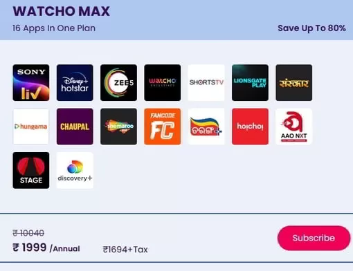 Buy Watcho Max: 16+ OTT Bundle Subscription Annual Pack