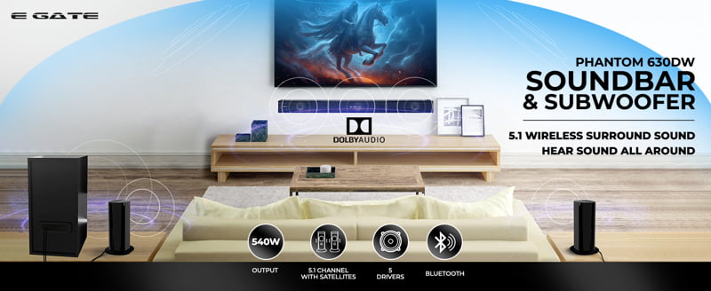 E GATE Phantom 630DW Dolby Audio 5.1 Channel Sound bar with Wireless Subwoofer / Speakers